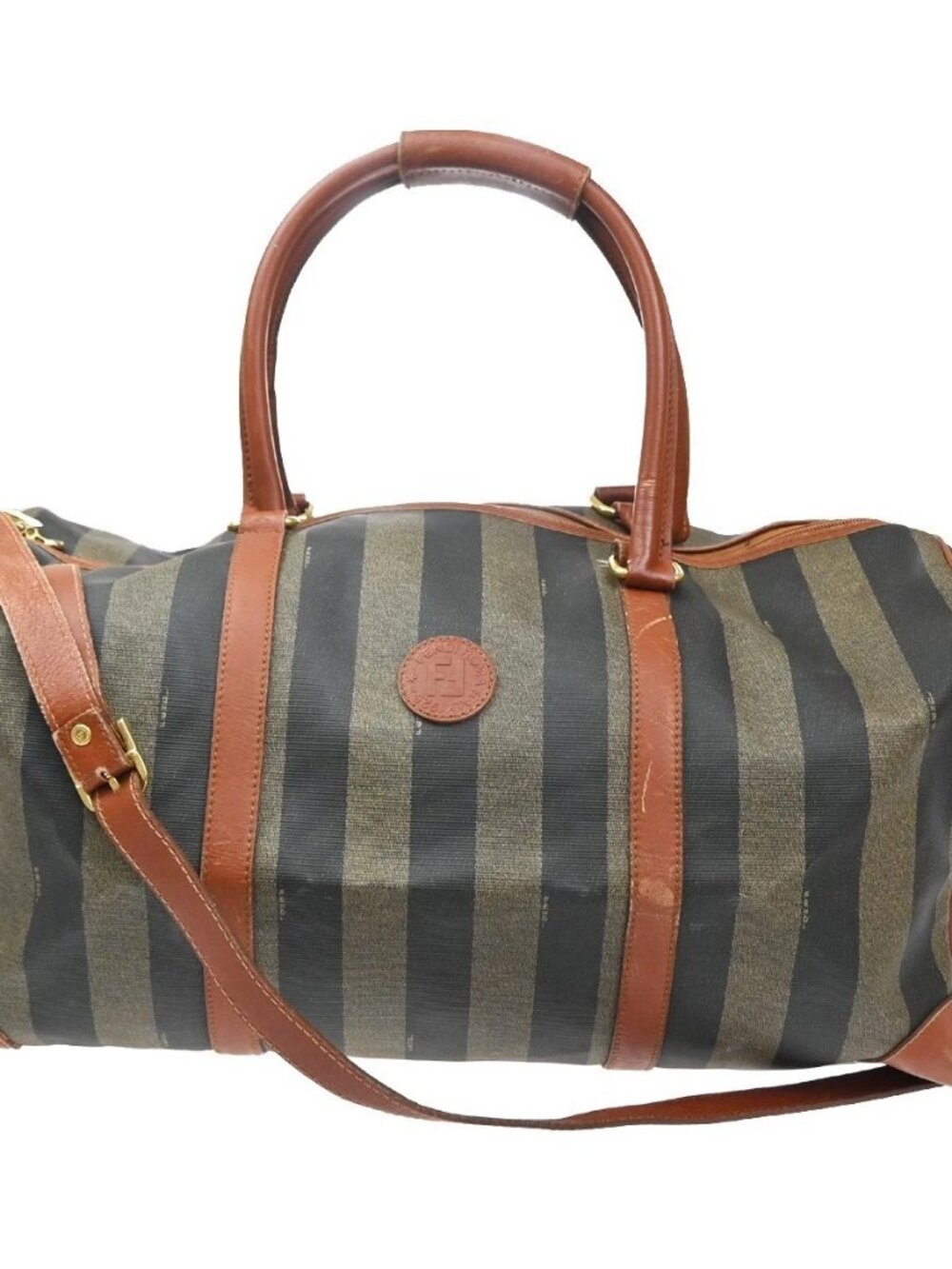 FENDI Logo Pequin Travel Boston 2Way Hand Bag PVC Leather Brown Italy 30YJ156